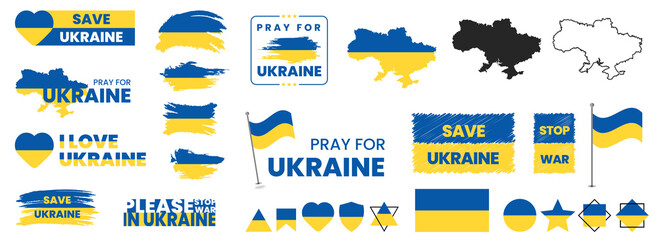 Pray for Ukraine, stop war, save Ukraine, I love Ukraine, Ukraine flag praying concept vector set. Ukraine flag vector design illustration