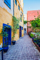 Scenic picturesque streets of Chania venetian town with colorful old houses. Chania greek village in the morning. Chania, Crete island, Greece