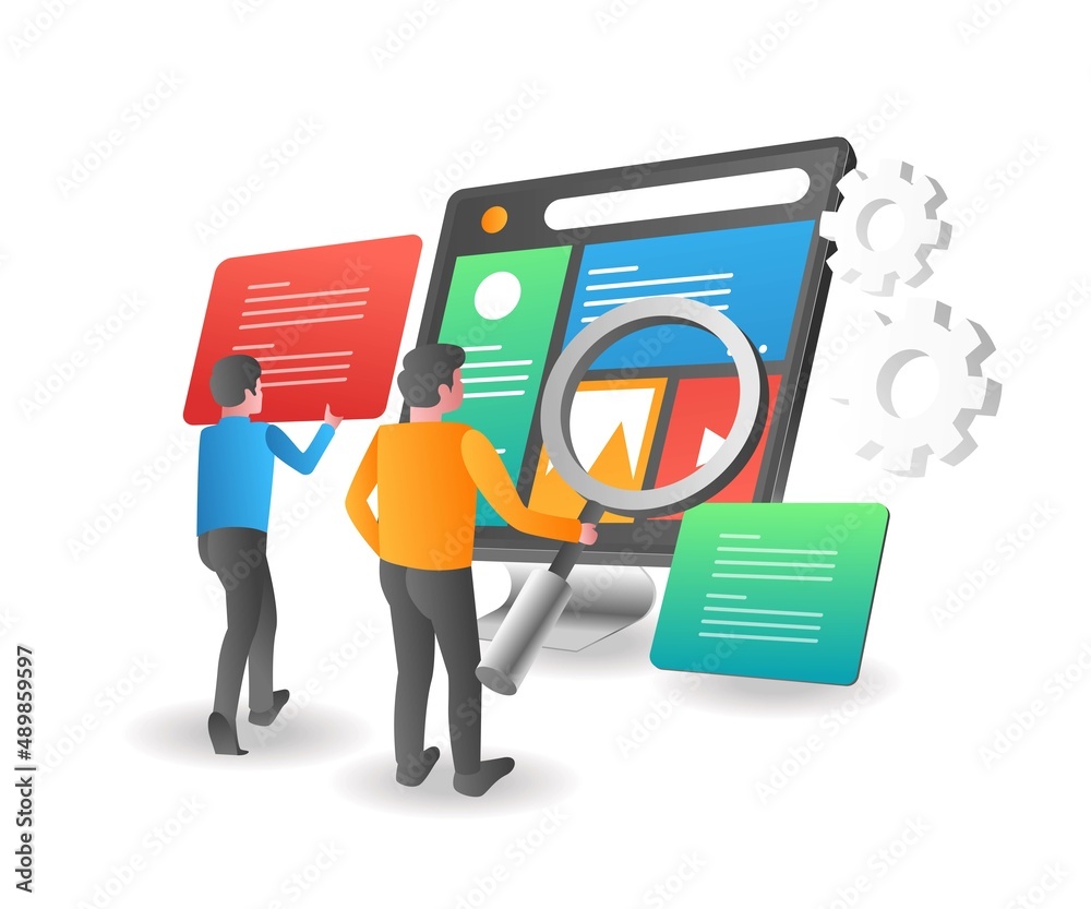 Poster Flat isometric illustration concept. the man is maintaining the web application design