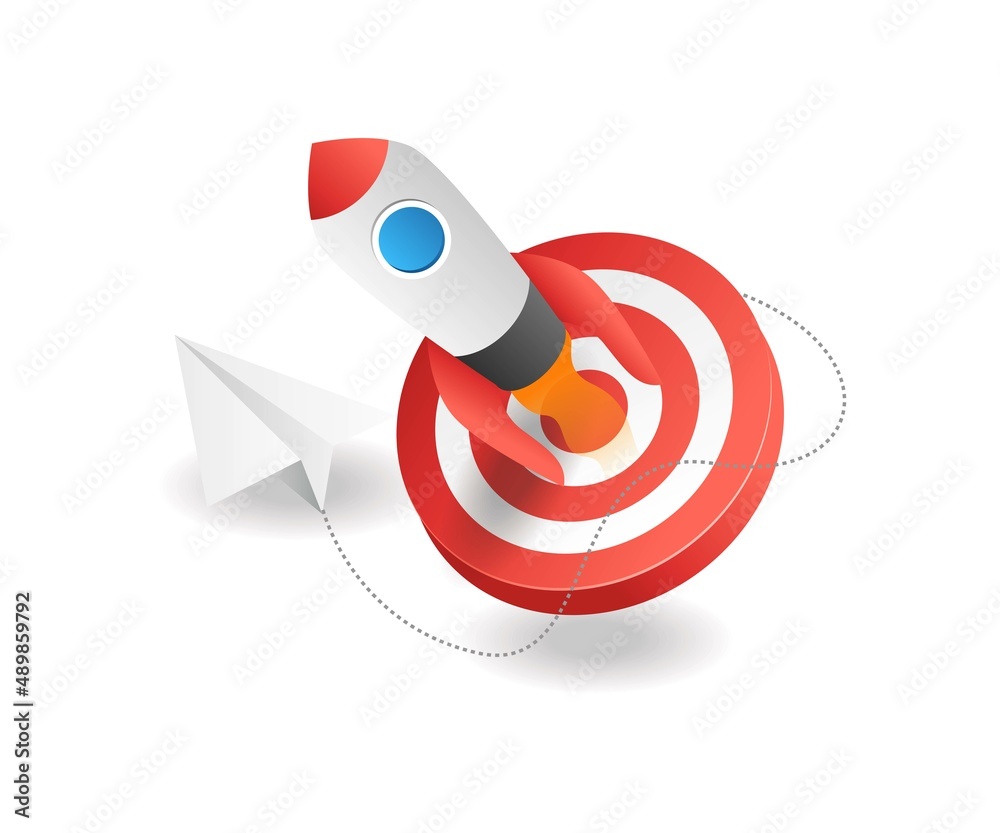 Poster Concept isometric illustration. Battery warning in caseFlat isometric illustration concept. rocket out of target symbol