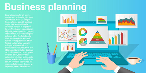 Business planning.A businessman studies graphs and diagrams of business activity.The concept of business and finance.Poster in business style.Flat vector illustration.
