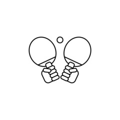 Ping pong line icon. Two hand holding rackets for table tennis with ball. Sport game theme. Outline vector illustration on white background. 