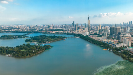 Aerial photography of lakes and city buildings in Nanjing, China