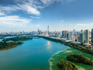 Fototapeta premium Aerial photography of lakes and city buildings in Nanjing, China