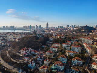 Aerial photography of the coastline scenery of the old city of Qingdao, China