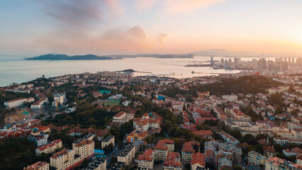 Aerial photography of the coastline scenery of the old city of Qingdao, China