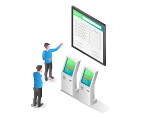 Flat isometric illustration concept. man showing information with monitor