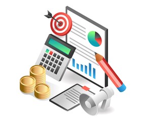 Flat isometric illustration concept. Investment business income analysis data campaign