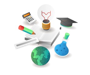 Concept isometric illustration. Battery warning in caseFlat isometric illustration concept. idea lamp above the book with school tools