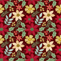 Christmas flowers with green leaf seamless pattern.
