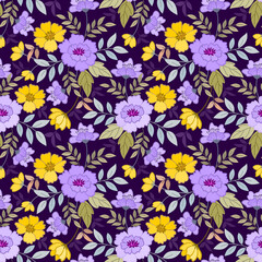 Fototapeta na wymiar Yellow and purple flowers with green leaf on deep purple background seamless pattern.