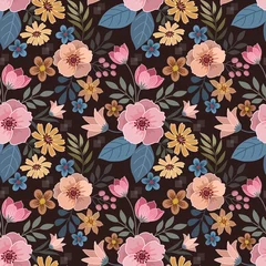 Meubelstickers Beautiful flowers and leaf in vintage color on deep brown color background pattern. © teerawat