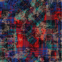 Tartan plaid and paisley fabric patchwork wallpaper vintage vector seamless pattern - obrazy, fototapety, plakaty