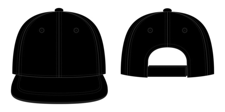Blank Black Hip Hop Cap With Adjustable Hook and Loop Strap Closure Template On White Background, Vector FIle