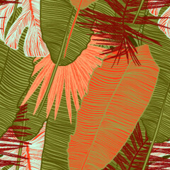 bright seamless vector patterns with juicy bright colorful tropical plants. Tropical seamless patterns for surface design and textile design.