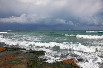 A sails of yachts on the horizon