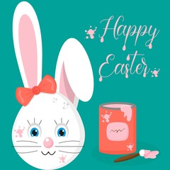 Easter white rabbit painted with pink paint Happy Easter on a green background
