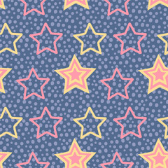 A blue vector seamless pattern with doodle stars. Hand drawn vector doodles.