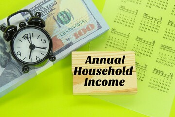 banknotes, calendars, alarm clocks and wooden paoan with the words annual household income