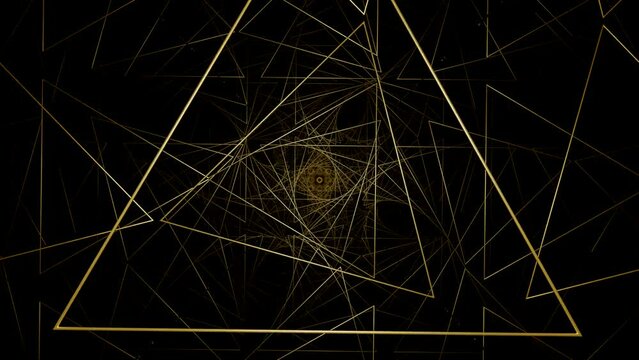 Black background.Design. Yellow triangles in abstraction that move creating a tunnel and which leads into the depths and makes up yellow illuminated large geometric shapes.