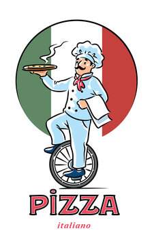Funny chef on monocycle with pizza. Emblem design