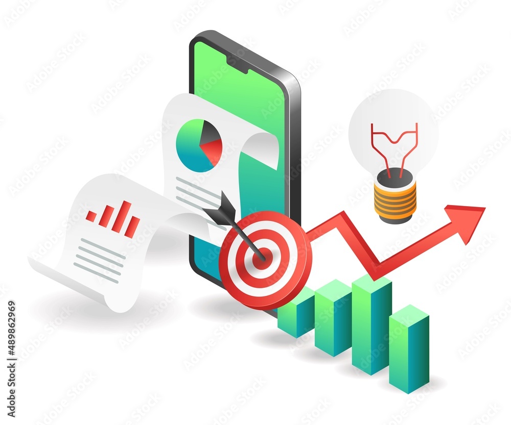 Poster flat isometric illustration concept. analyzing investment business data on smartphone