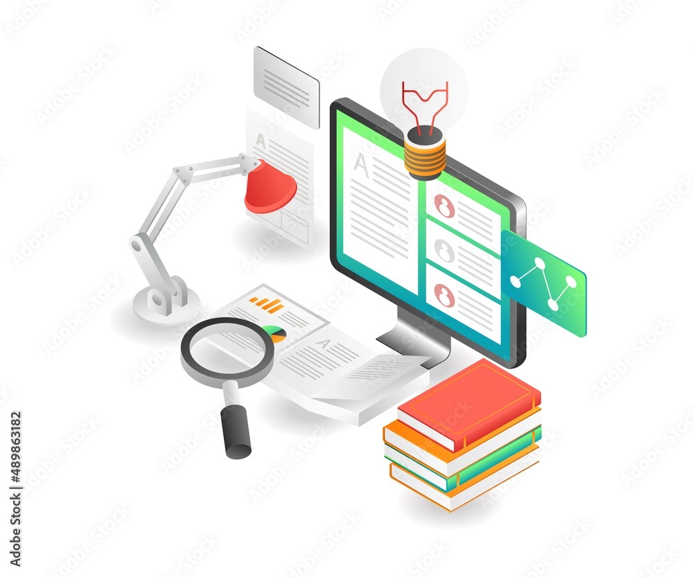Poster flat isometric concept illustration. study online with computer
