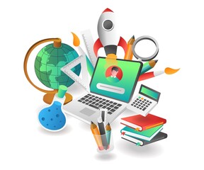 Flat isometric illustration concept. creative online back to school tools