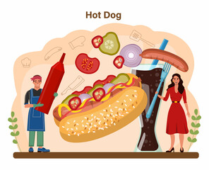 Hot dog. Unhealthy fast food cooking, american snack with ketchup,
