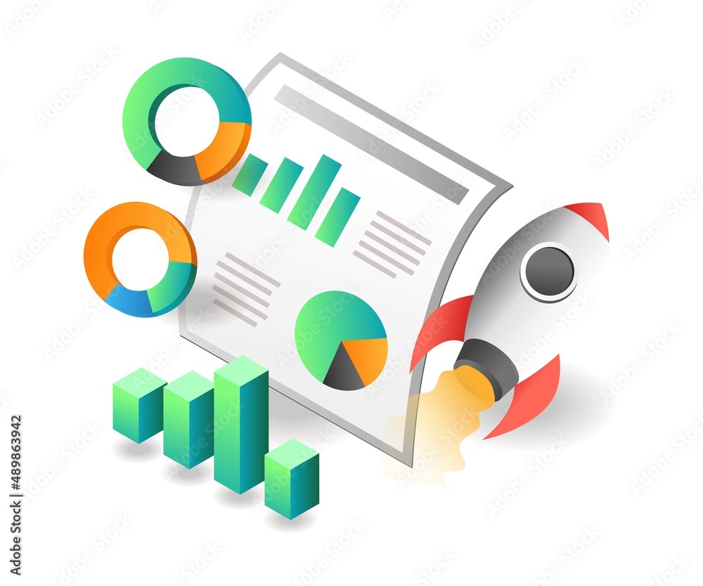 Poster flat isometric concept illustration. rocket launching business data analysis