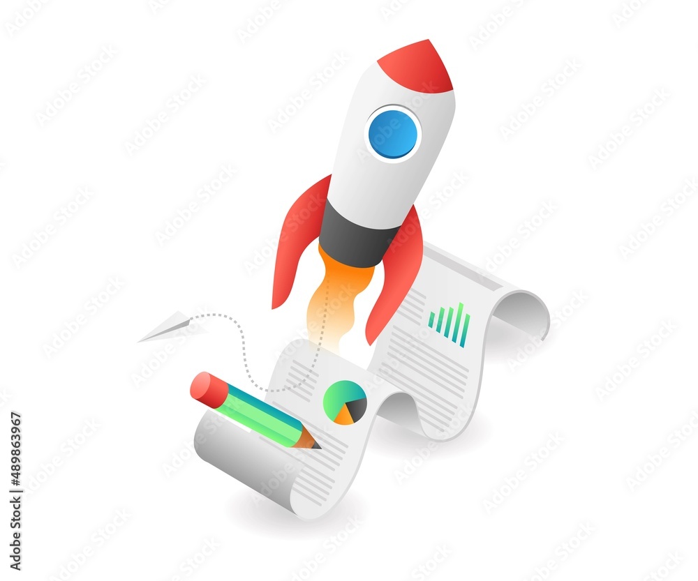 Poster flat isometric concept illustration. rocket launches from roll of analyst data paper