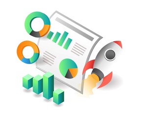 Flat isometric concept illustration. rocket launching business data analysis
