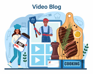 Steak web banner or landing page. People cutting beef and cooking