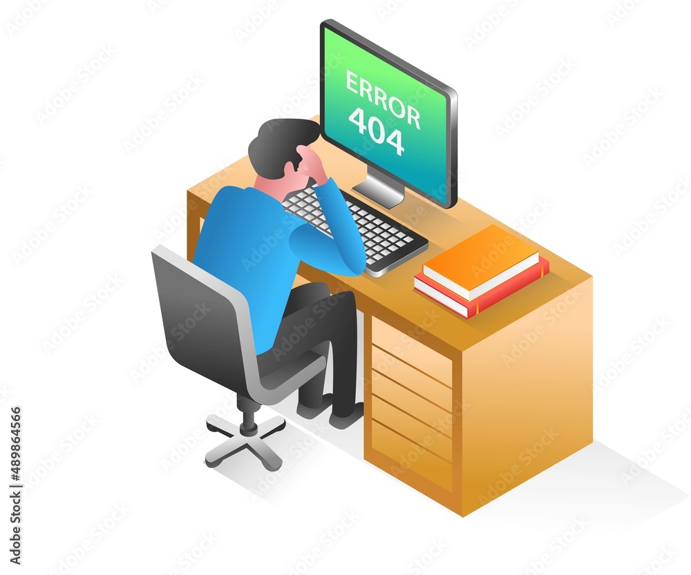 Poster Flat isometric concept illustration. stressed man because computer program error 404