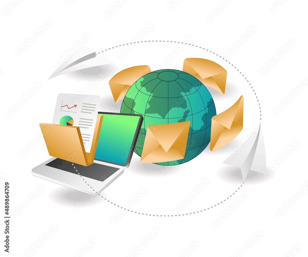 Poster Flat isometric concept illustration. send email data to any part of the world