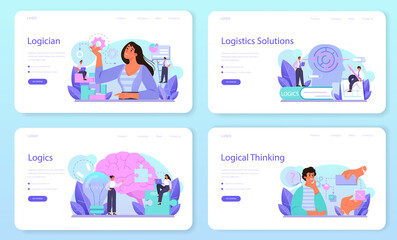 Logician web banner or landing page set. Scientist systematicly studying logical - obrazy, fototapety, plakaty