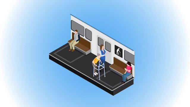 Woman looking chair to disabled old woman in train