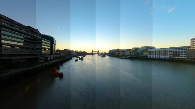 Staggered London sunrise timelapse over River Thames with Tower Bridge and The Shard, edited to show the staggered change in light/colour of the city during the early hours of the morning.