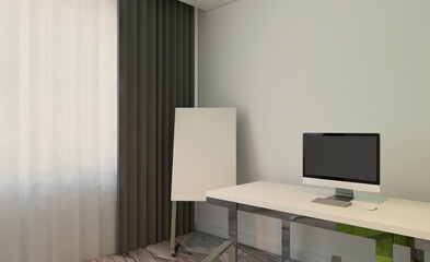 Front view of an office interior with a row of dark wood tables. 3D rendering.