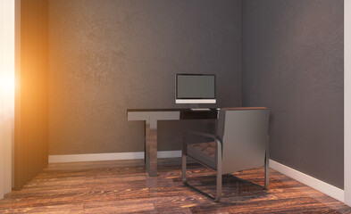 Elegant office interior. Mixed media. 3D rendering.. Sunset.