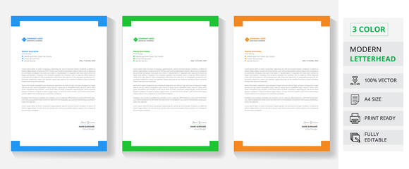 professional corporate business letterhead flyer design. simple business letterhead design with 3 colors concept red, blue, green, orange