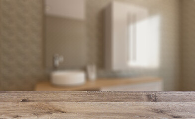 Clean and fresh bathroom with natural light. 3D rendering.. Background with empty table. Flooring.