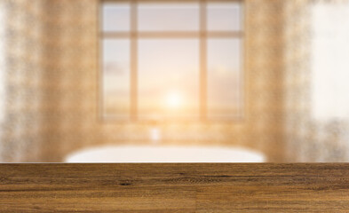 Scandinavian bathroom, classic  vintage interior design. 3D rend. Background with empty table. Flooring.