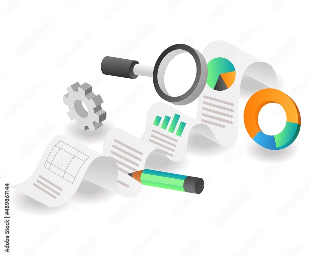 Aufkleber Flat isometric concept illustration. data analysis paper with magnifying glass