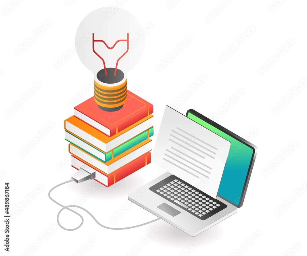 Aufkleber flat isometric concept illustration. connect information from books to computer