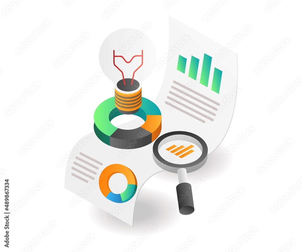 Poster flat isometric concept illustration. business analysis data solution ideas