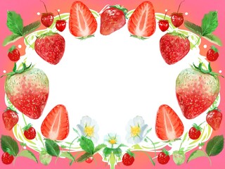 Watercolor painting of fresh strawberries and berries with cute frame