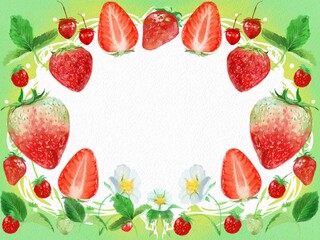 Watercolor painting of fresh strawberries and berries with cute frame