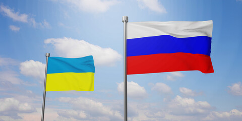 Ukraine and Russia two flags on flagpoles and blue sky