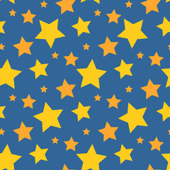 Seamless pattern in yellow and orange stars on dark blue backgound. Vector image.